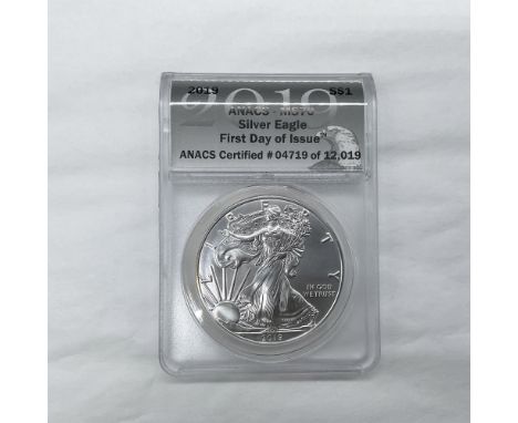 ANACS Slabbed. ANACS Certified 4719 of 12019. The obverse side features full length of Liberty in stride. She is shown wrappe