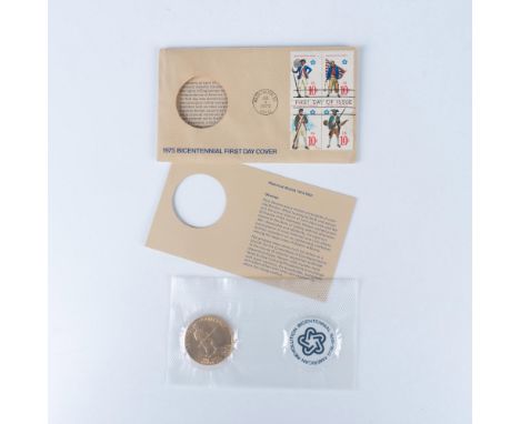 This First Day Cover commemorates the 200th anniversary of the American Revolution. It features a bronze medal with a bust of