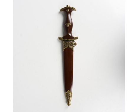 A typical style dagger with German Third Reich Style Dagger steel blade, gold-tone metal cross guard, and brown grip. Handle 