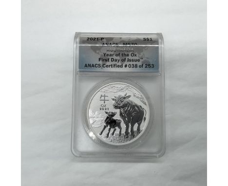 ANACS Slabbed First Day of Issue and Graded MS70. ANACS Certified: 38 of 253. Perth Mint. Commemorative issue for the Lunar S