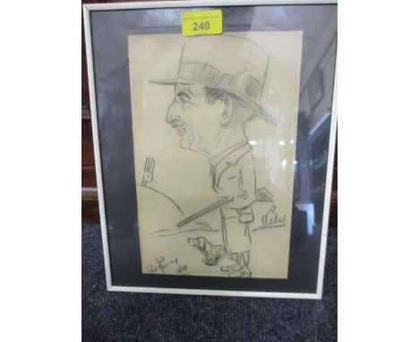 Pat Rooney -a caricature portrait of a man with a shotgun, pencil, signed lower left and dated 1954 
