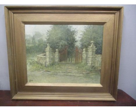Derrick Jennings - a view of steps leading to an iron gate, oil on canvas, signed in a gilt frame 