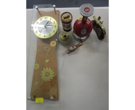A group of smoking related collectibles to include a retro Scotch DM musical cigarette holder, along with a wall clock A/F 