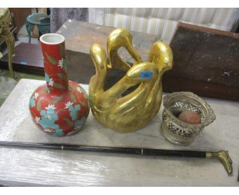 A mixed lot to include a Continental vase, a walking stick, a painted plant pot and other items 