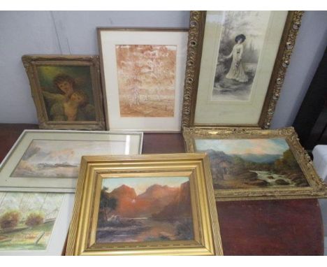 Two 19th century oil paintings, one of a loch with cattle, a study of angles, Victorian and later watercolours and a print 