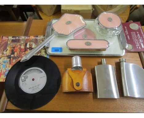 A mixed lot to include a Guilloche enamel dressing table brush and mirror set, hip flasks, 'Great Statesmen of the 20th centu