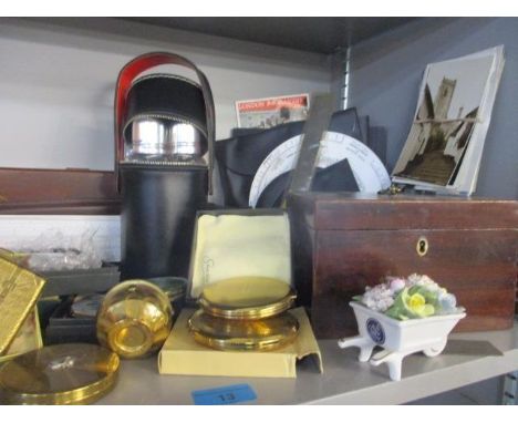 Instruments to include callipers and rulers, fashion compacts, a tea caddy, a wooden box and other items 