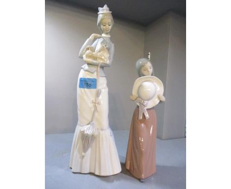 Two Lladro lady figures to include one of a lady holding a dog, 14 1/2"high 