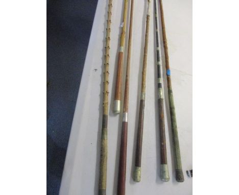 Six vintage long length crops to include willow examples, A/F, two smaller riding crops, an outdoor folding stick seat and a 