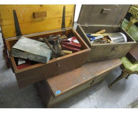 Three vintage tool chests, two containing mixed tools to include rulers, saws, and other items 