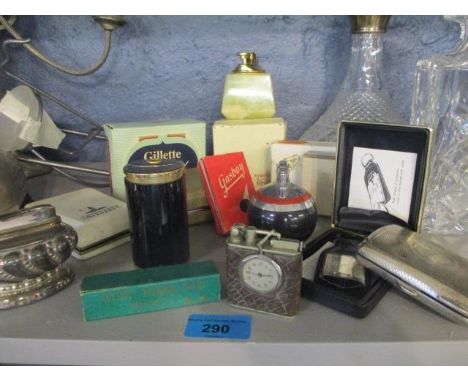 Vintage lighters and collectibles to include a silver engine turned cigarette box and a keyring 