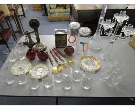 A mixed lot  to include three Poole vases, sherry glasses, tumblers, a decanter, a candelabra, a reproduction candlestick tel