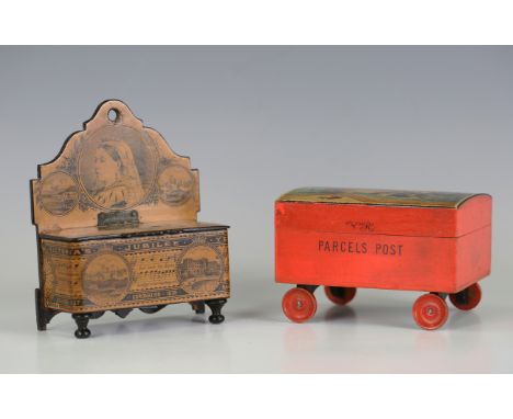A 'Parcels Post' Anchor novelty sewing reel box by Clarke Co, with polychrome lithograph to the domed lid and a moral verse, 