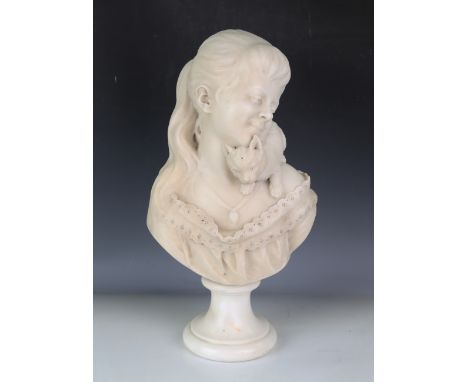 Eli Johnson - a late Victorian carved Carrara marble head and shoulders portrait bust of a young girl with a kitten nuzzling 