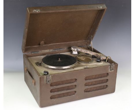 A Decca 'Portrola' dual record player/radio with hinged lid and case, width 45.5cm.Buyer’s Premium 29.4% (including VAT @ 20%