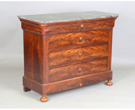 A 19th century French mahogany four-drawer commode with a grey veined marble top, on bun feet, height 99cm, width 126cm, dept