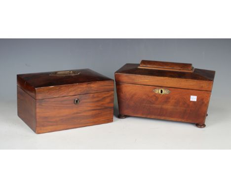 A Victorian walnut jewellery box, width 25cm, together with a Regency mahogany tea caddy, width 30cm.Buyer’s Premium 29.4% (i