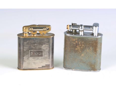 An Art Deco Elisorn Auto-Tank silver plated table lighter, height 10cm, another 'Jumbo' lighter and a pocket compass by Stanl