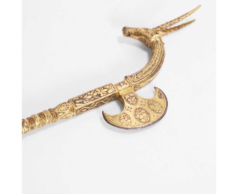 An Indian Deccan ceremonial koftgari axe,  possibly 17th century, the crescent-shaped blade decorated with oval cartouches of