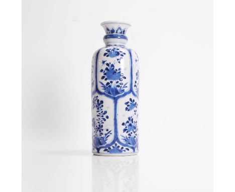 A Chinese blue and white vase, Kangxi (1662-1722), of cylindrical form rising to a flared rim with a bulbous section to the n