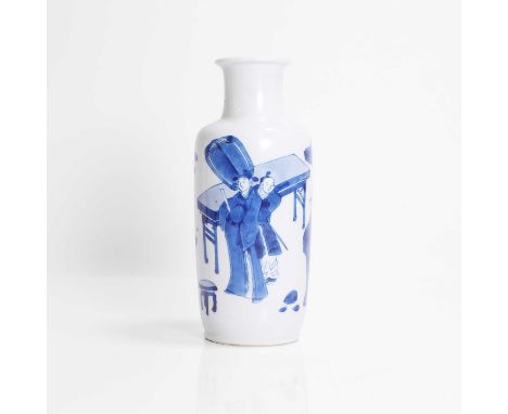 A Chinese blue and white vase, Kangxi (1662-1722), of rouleau form, painted with officials and attendants in a garden,21cm hi