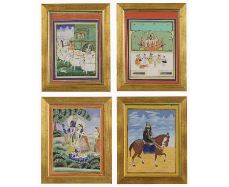 A collection of Indian miniatures, 20th century, North India, two examples of Krishna and Radha, the third of a figure on hor