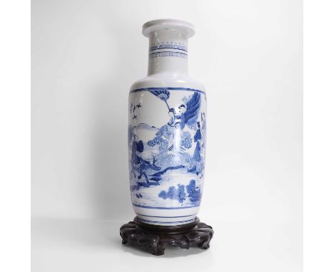 A Chinese blue and white vase, Kangxi (1662-1722), of rouleau form, painted with the Cowherd and the Weaver Girl meeting on t