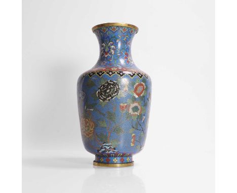 A Chinese cloisonné vase, 19th-20th century, of tapering from, enamelled with birds and butterflies amongst peony, chrysanthe
