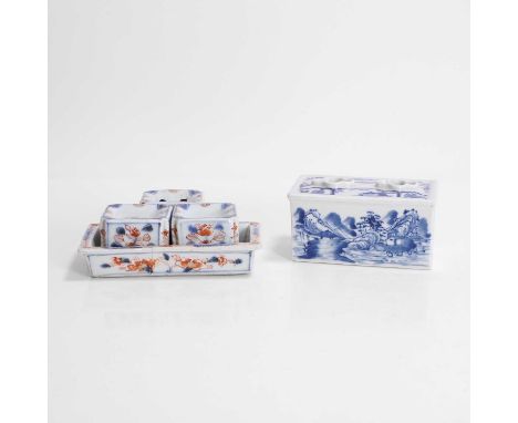 A Chinese Imari inkstand, 18th century, comprising an inkwell, a pen holder, a pounce pot and a tray, painted with peony by a