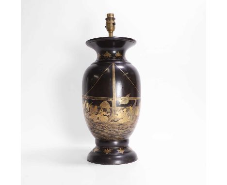 A Japanese black-lacquered vase, 19th century, of baluster form, painted in gilt with travellers on a boat, between two scrol