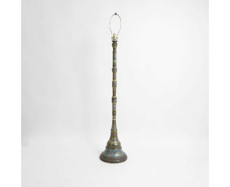 A Japanese cloisonné lamp, late 19th century, in the shape of a Tibetan Buddhist ceremonial dungchen horn, enamelled with scr