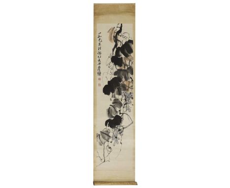 A Chinese hanging scroll, 20th century, in the style of Qi Baishi (1864-1957), painted with grapes and a leafy branch, inscri
