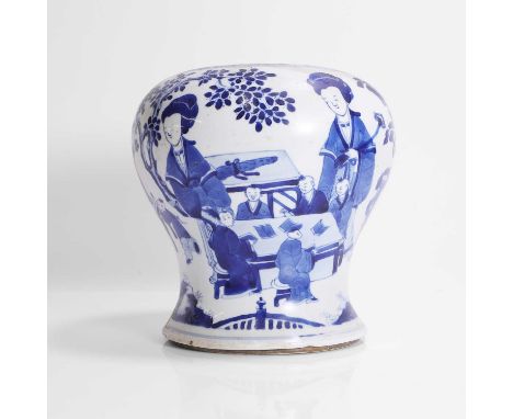 A Chinese blue and white vase, Kangxi (1662-1722), of baluster form, painted with four ladies and sixteen boys at play in a g
