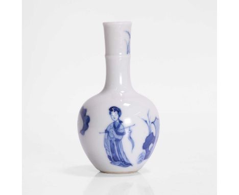 A Chinese miniature blue and white vase, Kangxi (1662-1722), the globular body painted with ladies in a garden, with a yu cha