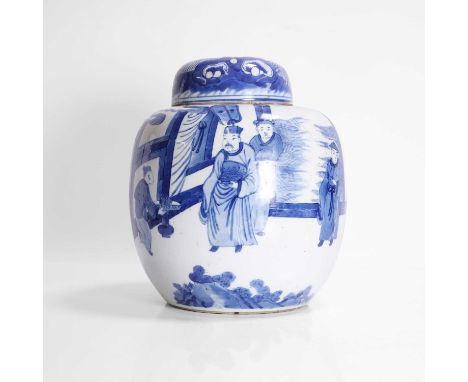 A Chinese blue and white ginger jar and cover, Guangxu (1875-1908), of ovoid form, painted with a scholar official in a garde