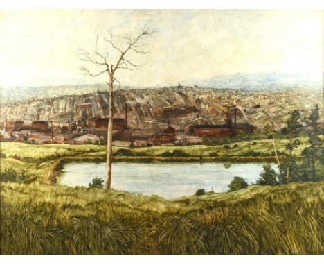 § John Ridgewell (British, 1937-2004), Landscape: Colne, Lancashire, oil on canvas, signed lower right, 86 x 112cm. Framed Pl