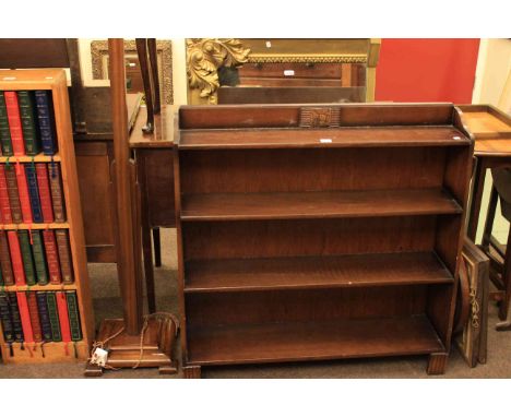 Deco style mahogany standard lamp and shade, open bookcase, overmantel mirror and cantilever sewing box (4)