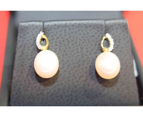 Pair of 9 carat gold, cultured pearl and diamond earrings