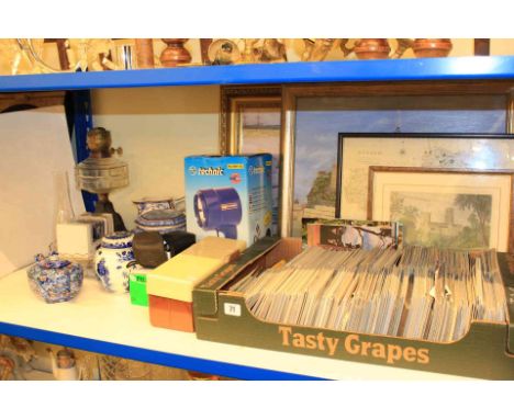 Ringtons china, cast base oil lamp, View-Master and slides, postcards, pictures,cameras etc