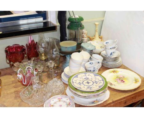 Kitchen scales, lamps, art glass, Worcester, tea china, fishing rod, etc