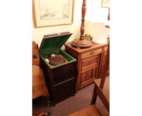 Oak turned column standard lamp and shade and mahogany converted cabinet gramophone (2)