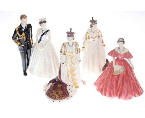 Two Royal Worcester Queen figures and Queen Mother figure and Coalport, A Royal Portrait group