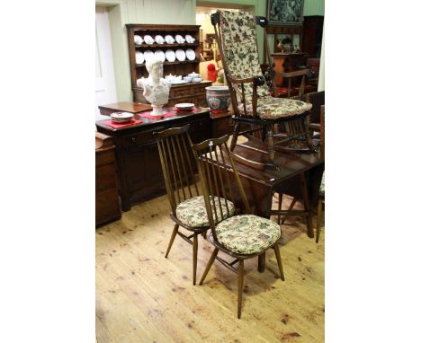 Ercol Old Colonial sideboard, drop leaf table and four Quaker back chairs together with a similar rocking chair