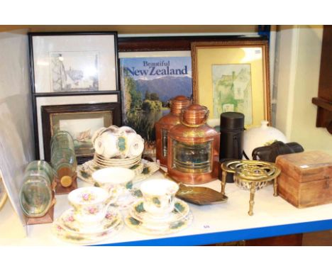 Pair of copper boat lamps, two ships in bottles, pictures, brass trivet, camera and lenses, Royal Albert tea set, etc