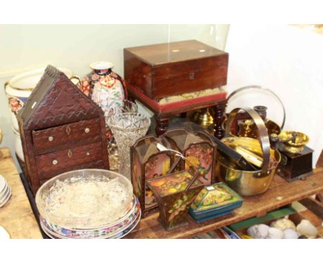 Good mixed lot with brass jam pans, grinder, lamp, tins, stool, box, glass, china, etc