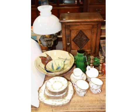 Smokers cabinet, oil lamp, pottery, tea china and candlesticks