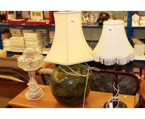 Five branch lustre drop light fitting, carboy lamp, cut glass and barley twist column table lamps