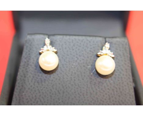 Pair of 9 carat gold, cultured pearl and diamond earrings