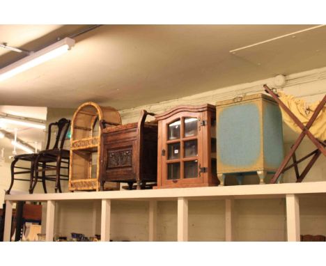 Pair late Victorian mahogany side chairs, bamboo rack, piano stool, wall rack, wall cabinet, linen bin, sewing basket, stick 