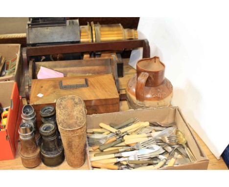 Magic lantern, binoculars, caddy, silver brushes, flatware, stoneware jug and book troughs